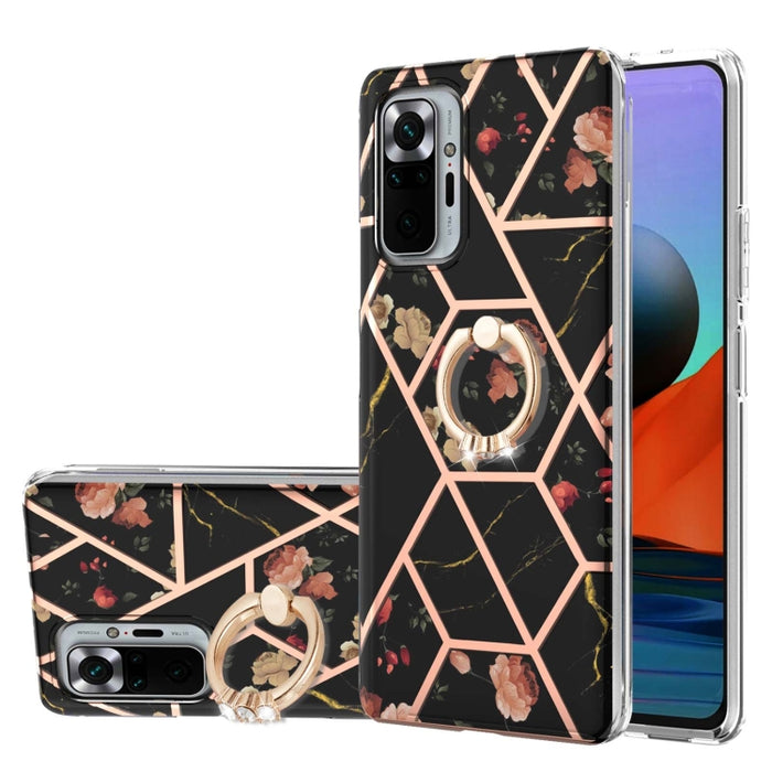Estuche a prueba de golpes TPU con estampado de flores de mármol y empalme de galvanoplastia con soporte para anillo de diamantes de imitación, For Xiaomi Mi 11i, For Xiaomi Poco M3, For Xiaomi Redmi 9A, For Xiaomi Mi 10 Lite, For Xiaomi Mi 10T Lite   ...