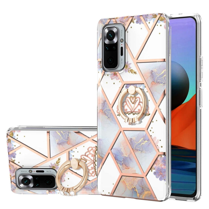 Estuche a prueba de golpes TPU con estampado de flores de mármol y empalme de galvanoplastia con soporte para anillo de diamantes de imitación, For Xiaomi Mi 11i, For Xiaomi Poco M3, For Xiaomi Redmi 9A, For Xiaomi Mi 10 Lite, For Xiaomi Mi 10T Lite   ...