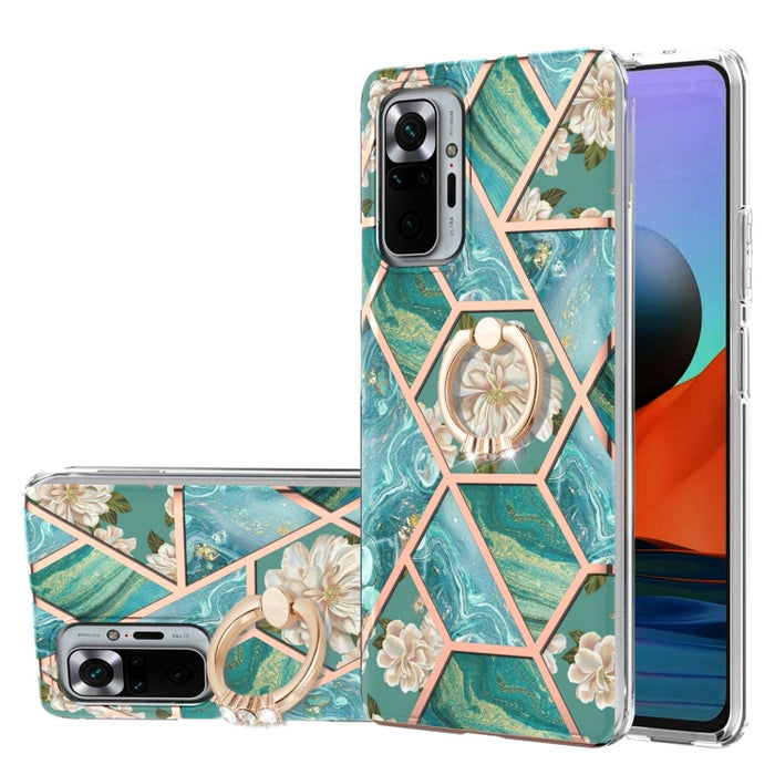 Estuche a prueba de golpes TPU con estampado de flores de mármol y empalme de galvanoplastia con soporte para anillo de diamantes de imitación, For Xiaomi Mi 11i, For Xiaomi Poco M3, For Xiaomi Redmi 9A, For Xiaomi Mi 10 Lite, For Xiaomi Mi 10T Lite   ...