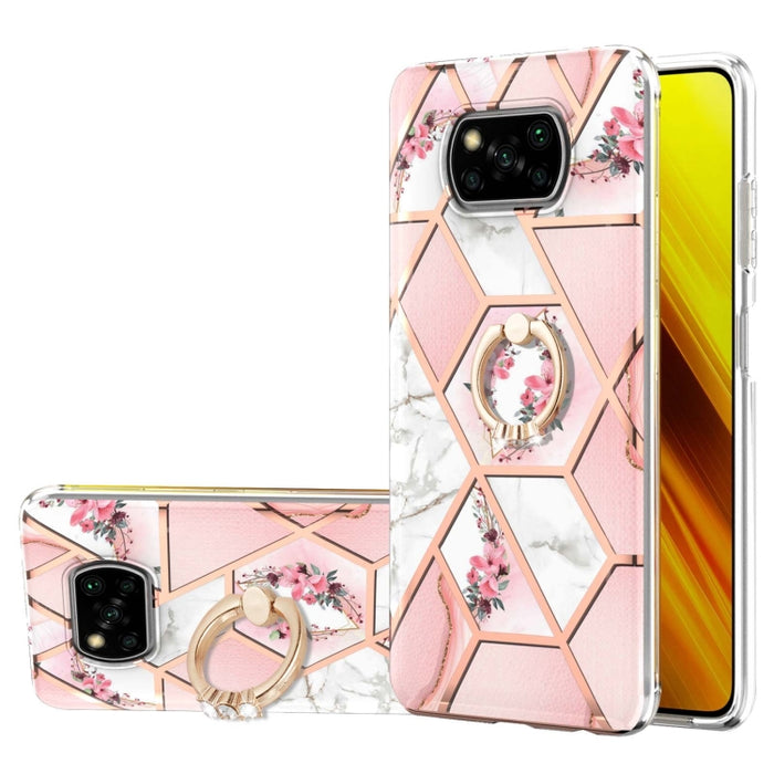Estuche a prueba de golpes TPU con estampado de flores de mármol y empalme de galvanoplastia con soporte para anillo de diamantes de imitación, For Xiaomi Mi 11i, For Xiaomi Poco M3, For Xiaomi Redmi 9A, For Xiaomi Mi 10 Lite, For Xiaomi Mi 10T Lite   ...