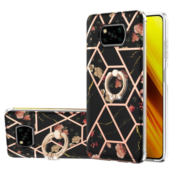 Estuche a prueba de golpes TPU con estampado de flores de mármol y empalme de galvanoplastia con soporte para anillo de diamantes de imitación, For Xiaomi Mi 11i, For Xiaomi Poco M3, For Xiaomi Redmi 9A, For Xiaomi Mi 10 Lite, For Xiaomi Mi 10T Lite   ...