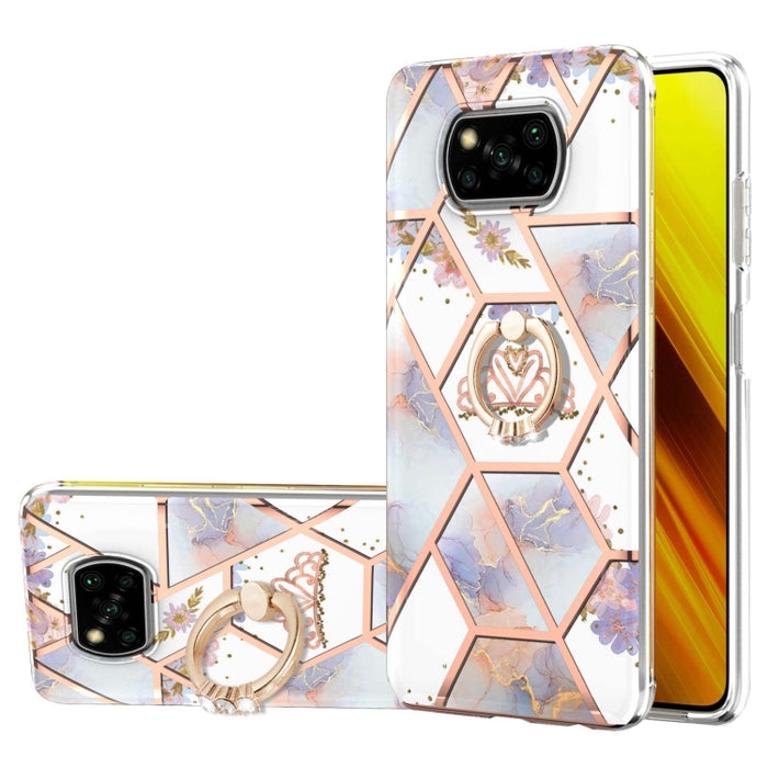 Estuche a prueba de golpes TPU con estampado de flores de mármol y empalme de galvanoplastia con soporte para anillo de diamantes de imitación, For Xiaomi Mi 11i, For Xiaomi Poco M3, For Xiaomi Redmi 9A, For Xiaomi Mi 10 Lite, For Xiaomi Mi 10T Lite   ...