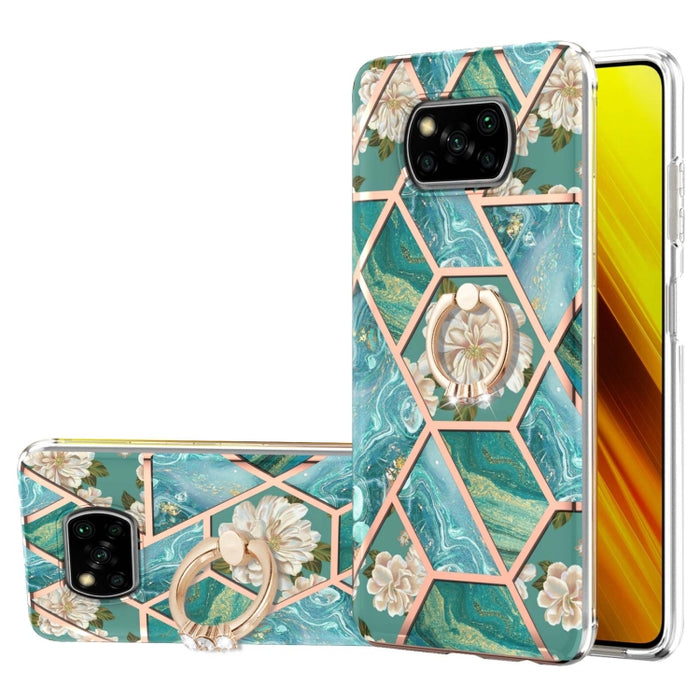 Estuche a prueba de golpes TPU con estampado de flores de mármol y empalme de galvanoplastia con soporte para anillo de diamantes de imitación, For Xiaomi Mi 11i, For Xiaomi Poco M3, For Xiaomi Redmi 9A, For Xiaomi Mi 10 Lite, For Xiaomi Mi 10T Lite   ...