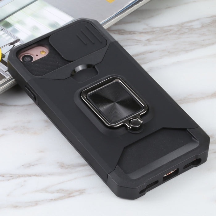 Diseño de cubierta de cámara deslizante PC + TPU Estuche a prueba de golpes con soporte para anillo y ranura para tarjeta