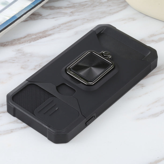 Diseño de cubierta de cámara deslizante PC + TPU Estuche a prueba de golpes con soporte para anillo y ranura para tarjeta
