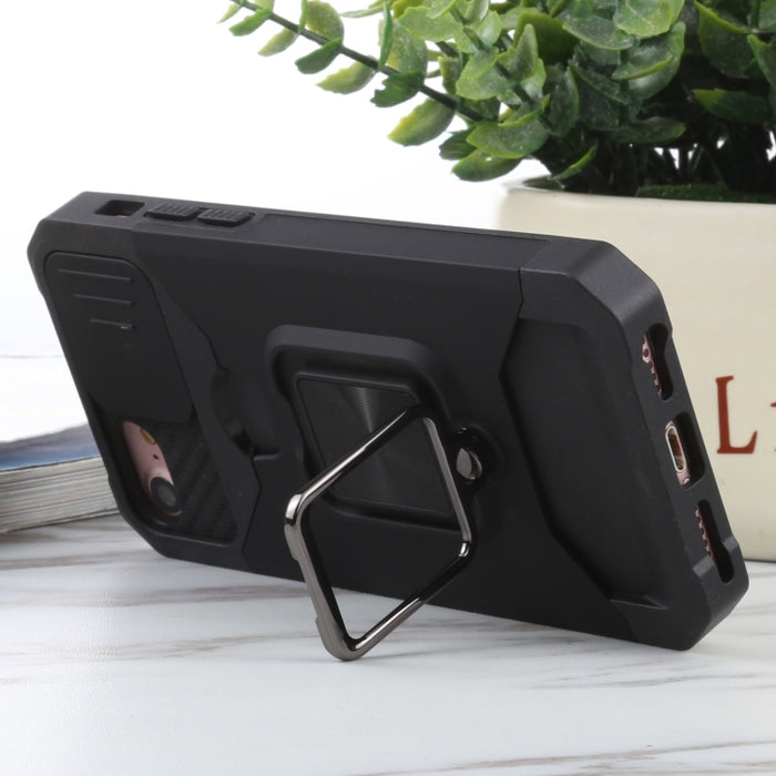 Diseño de cubierta de cámara deslizante PC + TPU Estuche a prueba de golpes con soporte para anillo y ranura para tarjeta
