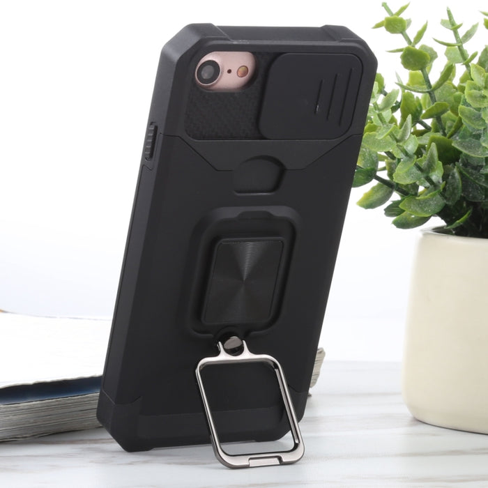 Diseño de cubierta de cámara deslizante PC + TPU Estuche a prueba de golpes con soporte para anillo y ranura para tarjeta