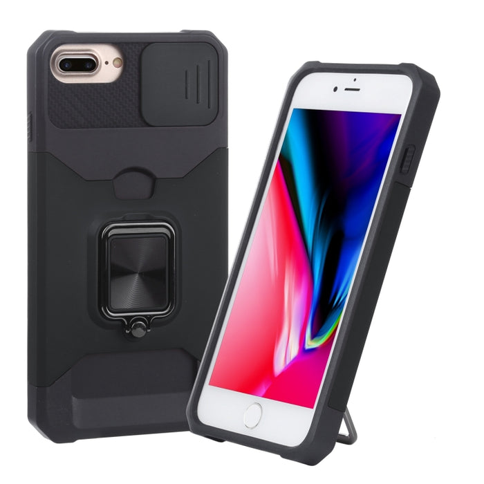 Diseño de cubierta de cámara deslizante PC + TPU Estuche a prueba de golpes con soporte para anillo y ranura para tarjeta