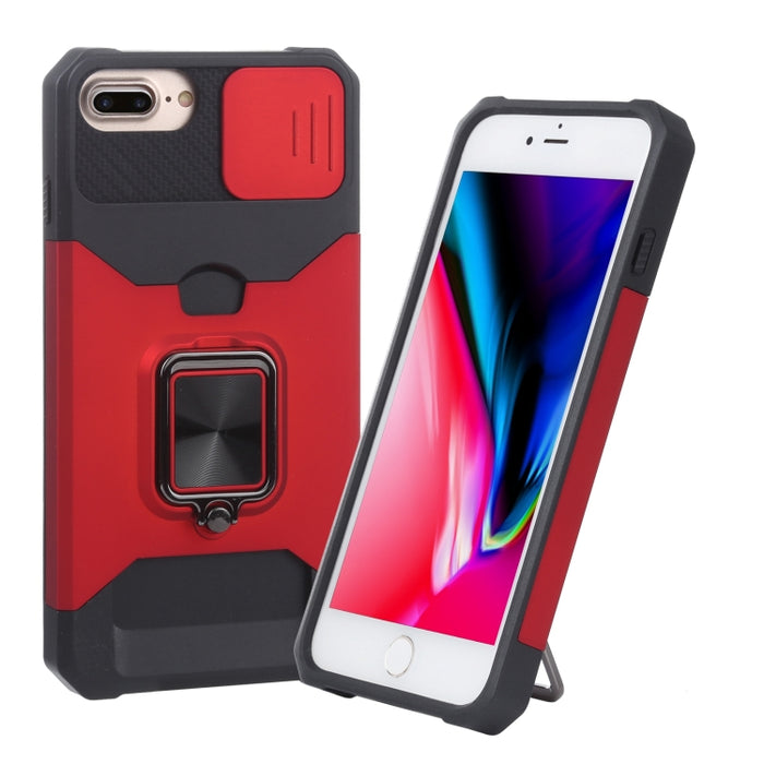 Diseño de cubierta de cámara deslizante PC + TPU Estuche a prueba de golpes con soporte para anillo y ranura para tarjeta