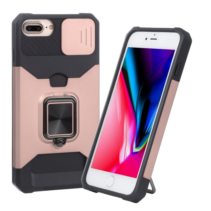 Diseño de cubierta de cámara deslizante PC + TPU Estuche a prueba de golpes con soporte para anillo y ranura para tarjeta