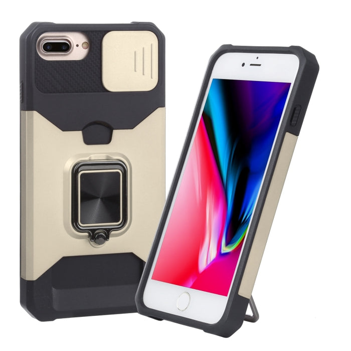 Diseño de cubierta de cámara deslizante PC + TPU Estuche a prueba de golpes con soporte para anillo y ranura para tarjeta