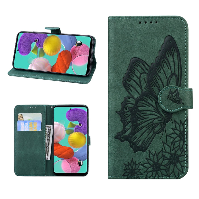 Estuche de cuero con tapa horizontal en relieve de mariposas con sensación de piel retro con soporte y ranuras para tarjetas y billetera