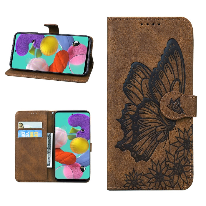 Estuche de cuero con tapa horizontal en relieve de mariposas con sensación de piel retro con soporte y ranuras para tarjetas y billetera