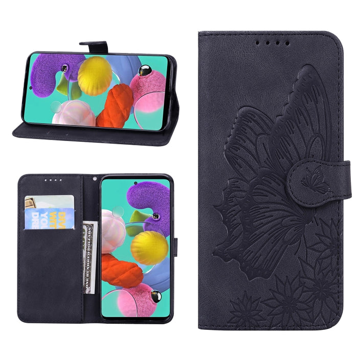 Estuche de cuero con tapa horizontal en relieve de mariposas con sensación de piel retro con soporte y ranuras para tarjetas y billetera