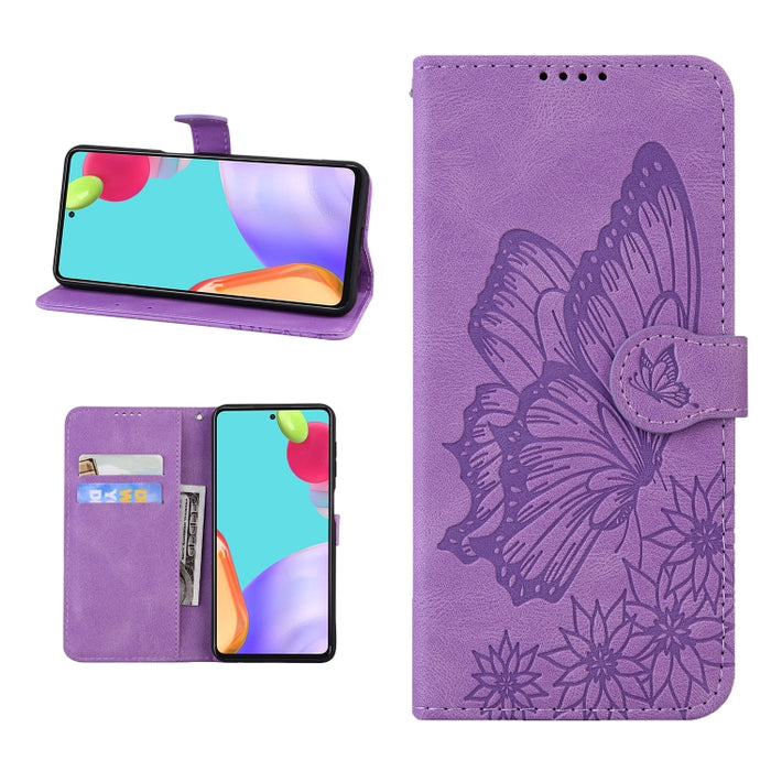 Estuche de cuero con tapa horizontal en relieve de mariposas con sensación de piel retro con soporte y ranuras para tarjetas y billetera