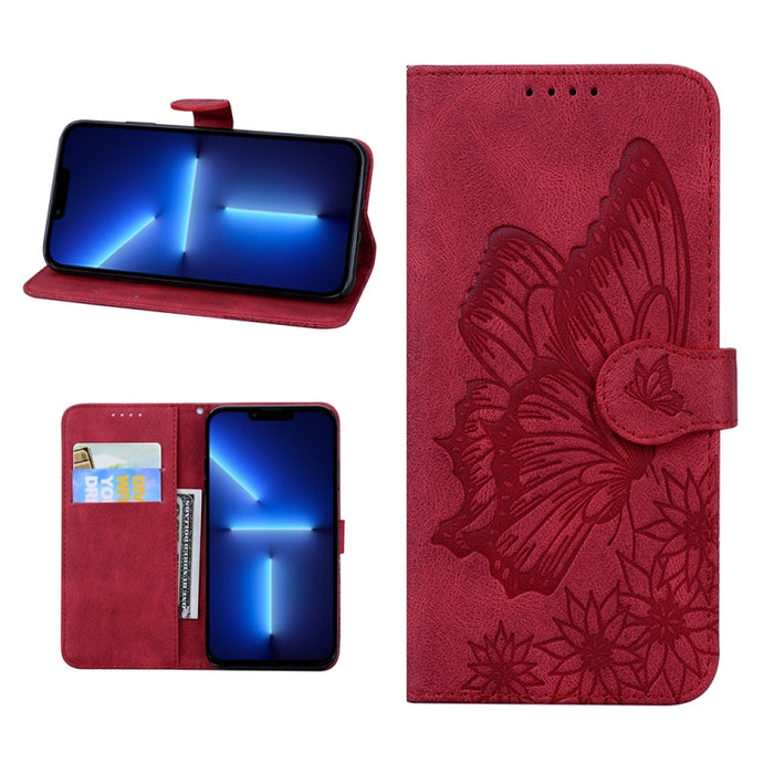 Estuche de cuero con tapa horizontal en relieve de mariposas con sensación de piel retro con soporte y ranuras para tarjetas y billetera