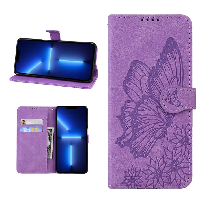 Estuche de cuero con tapa horizontal en relieve de mariposas con sensación de piel retro con soporte y ranuras para tarjetas y billetera