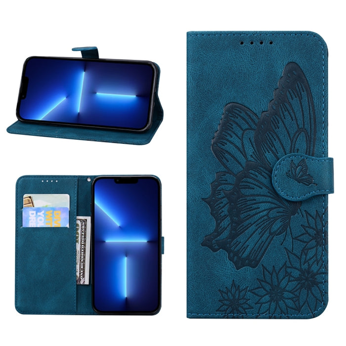 Estuche de cuero con tapa horizontal en relieve de mariposas con sensación de piel retro con soporte y ranuras para tarjetas y billetera