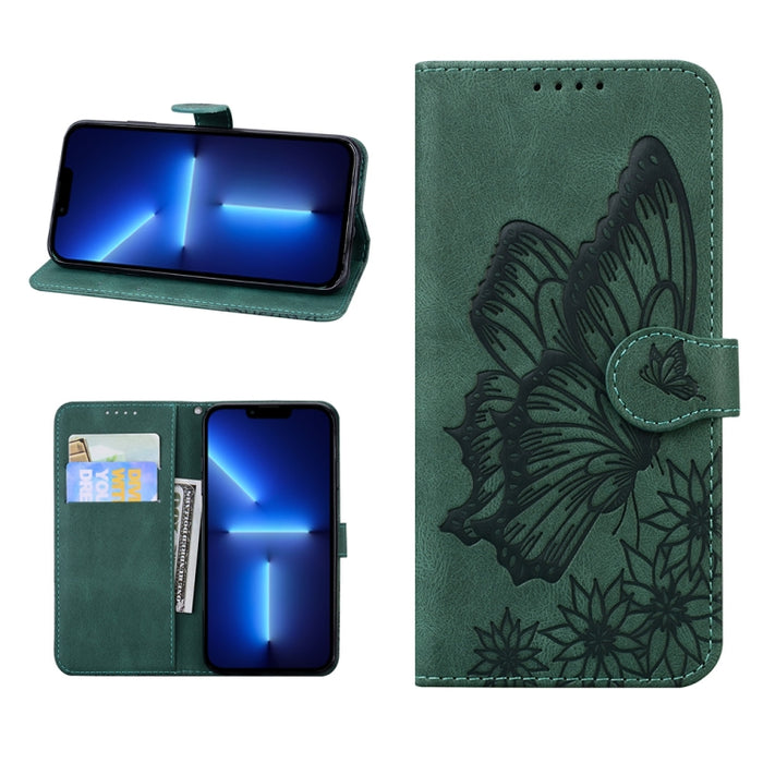 Estuche de cuero con tapa horizontal en relieve de mariposas con sensación de piel retro con soporte y ranuras para tarjetas y billetera