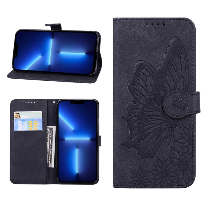 Estuche de cuero con tapa horizontal en relieve de mariposas con sensación de piel retro con soporte y ranuras para tarjetas y billetera