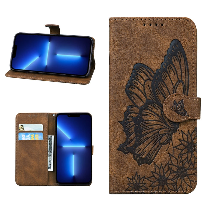 Estuche de cuero con tapa horizontal en relieve de mariposas con sensación de piel retro con soporte y ranuras para tarjetas y billetera