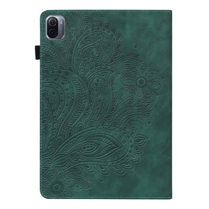 Patrón en relieve de pavo real TPU + PU Estuche de cuero con tapa horizontal con soporte y ranuras para tarjetas y billetera y función de reposo / activación, For Xiaomi Pad 5 Pro / Pad 5