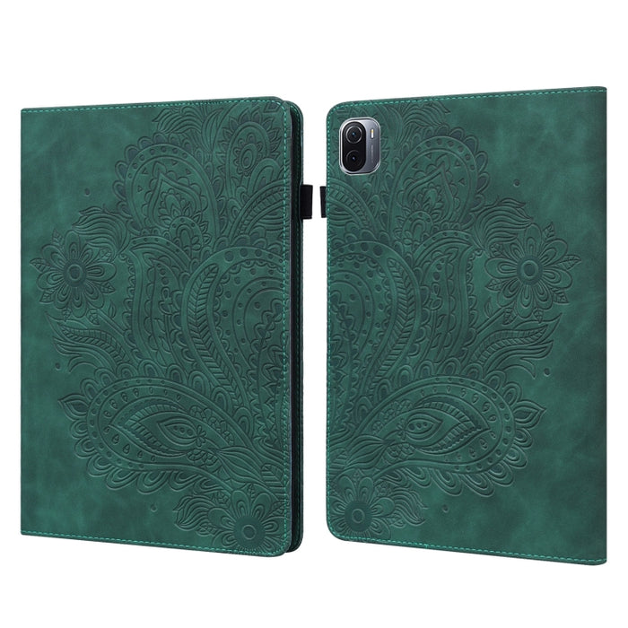 Patrón en relieve de pavo real TPU + PU Estuche de cuero con tapa horizontal con soporte y ranuras para tarjetas y billetera y función de reposo / activación, For Xiaomi Pad 5 Pro / Pad 5