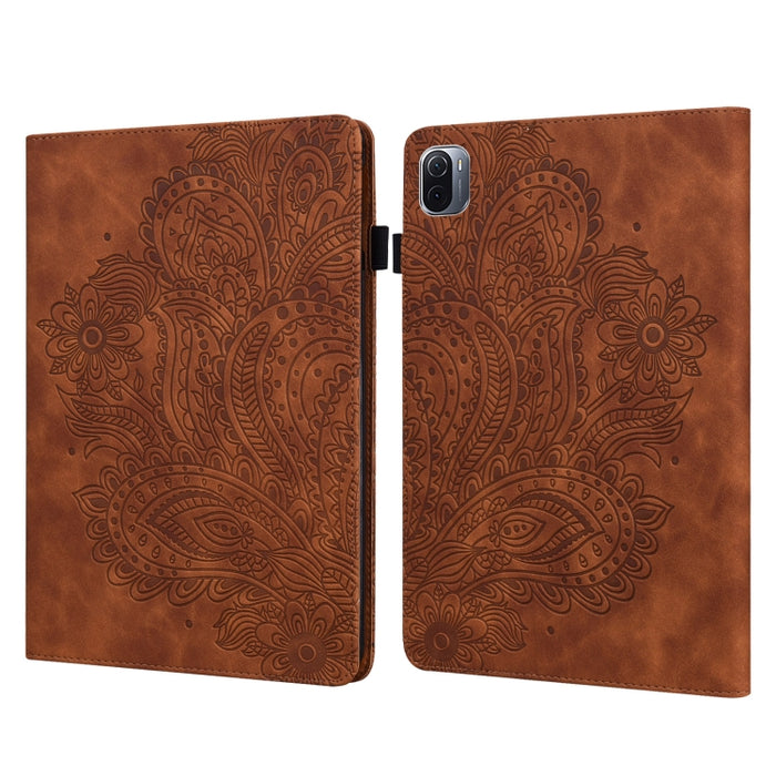 Patrón en relieve de pavo real TPU + PU Estuche de cuero con tapa horizontal con soporte y ranuras para tarjetas y billetera y función de reposo / activación, For Xiaomi Pad 5 Pro / Pad 5