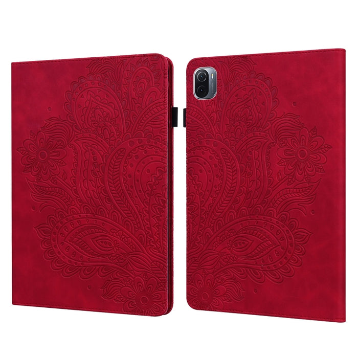 Patrón en relieve de pavo real TPU + PU Estuche de cuero con tapa horizontal con soporte y ranuras para tarjetas y billetera y función de reposo / activación, For Xiaomi Pad 5 Pro / Pad 5
