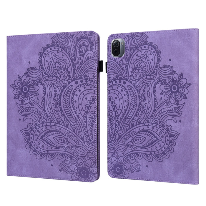 Patrón en relieve de pavo real TPU + PU Estuche de cuero con tapa horizontal con soporte y ranuras para tarjetas y billetera y función de reposo / activación, For Xiaomi Pad 5 Pro / Pad 5