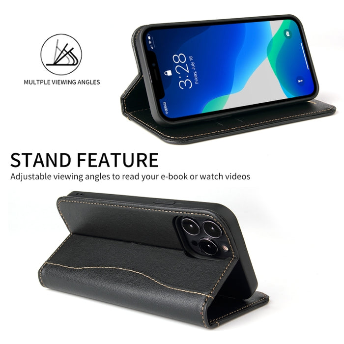 Estuche de cuero con tapa horizontal de cuero genuino con soporte y ranuras para tarjetas y billetera