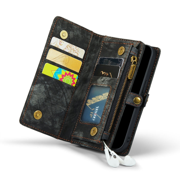 CaseMe-008 Estuche de cuero con tapa horizontal multifuncional desmontable con ranura para tarjeta y soporte y billetera con cremallera y marco de fotos