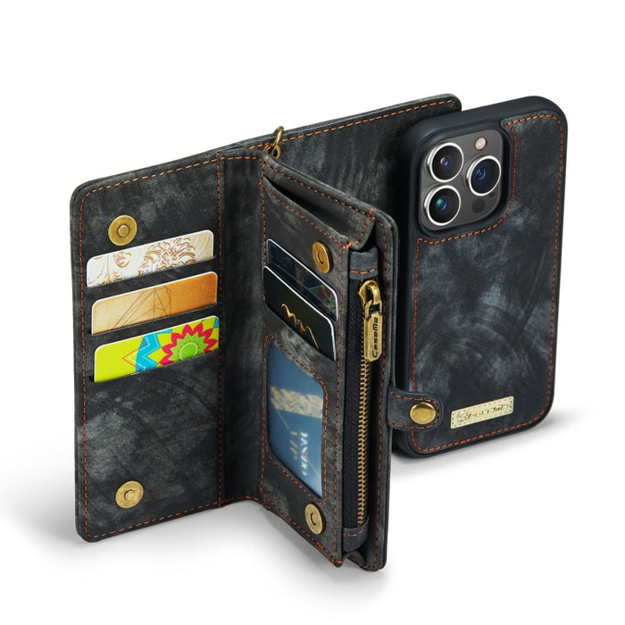 CaseMe-008 Estuche de cuero con tapa horizontal multifuncional desmontable con ranura para tarjeta y soporte y billetera con cremallera y marco de fotos