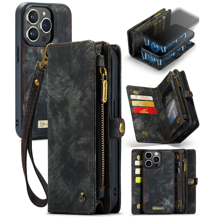 CaseMe-008 Estuche de cuero con tapa horizontal multifuncional desmontable con ranura para tarjeta y soporte y billetera con cremallera y marco de fotos