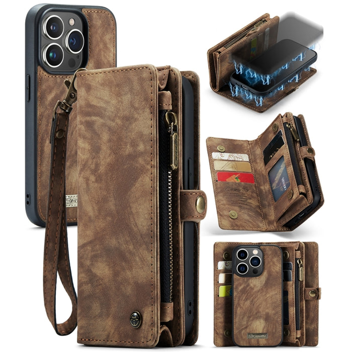 CaseMe-008 Estuche de cuero con tapa horizontal multifuncional desmontable con ranura para tarjeta y soporte y billetera con cremallera y marco de fotos