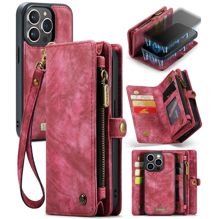 CaseMe-008 Estuche de cuero con tapa horizontal multifuncional desmontable con ranura para tarjeta y soporte y billetera con cremallera y marco de fotos
