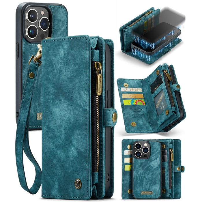 CaseMe-008 Estuche de cuero con tapa horizontal multifuncional desmontable con ranura para tarjeta y soporte y billetera con cremallera y marco de fotos