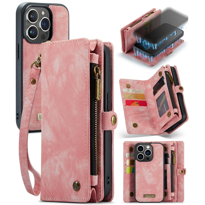 CaseMe-008 Estuche de cuero con tapa horizontal multifuncional desmontable con ranura para tarjeta y soporte y billetera con cremallera y marco de fotos
