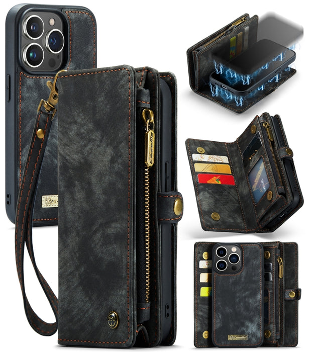 CaseMe-008 Estuche de cuero con tapa horizontal multifuncional desmontable con ranura para tarjeta y soporte y billetera con cremallera y marco de fotos