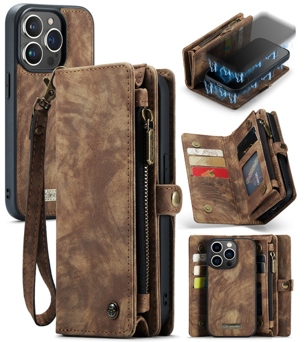 CaseMe-008 Estuche de cuero con tapa horizontal multifuncional desmontable con ranura para tarjeta y soporte y billetera con cremallera y marco de fotos