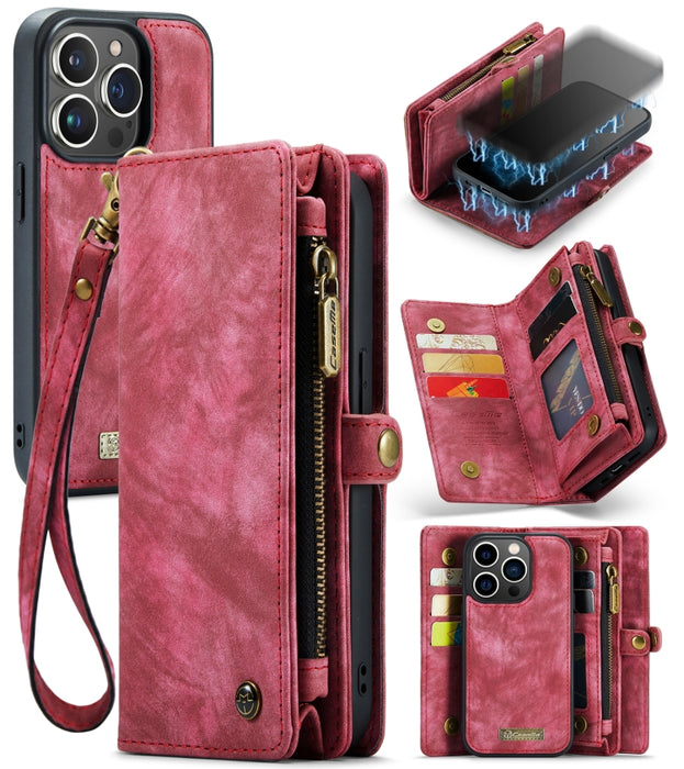 CaseMe-008 Estuche de cuero con tapa horizontal multifuncional desmontable con ranura para tarjeta y soporte y billetera con cremallera y marco de fotos