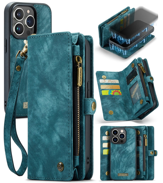 CaseMe-008 Estuche de cuero con tapa horizontal multifuncional desmontable con ranura para tarjeta y soporte y billetera con cremallera y marco de fotos