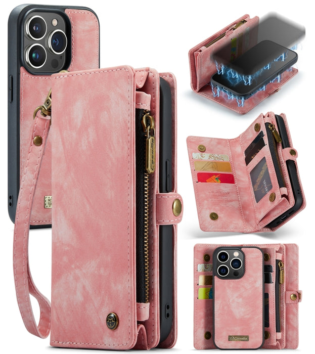 CaseMe-008 Estuche de cuero con tapa horizontal multifuncional desmontable con ranura para tarjeta y soporte y billetera con cremallera y marco de fotos