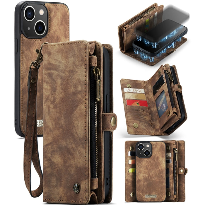 CaseMe-008 Estuche de cuero con tapa horizontal multifuncional desmontable con ranura para tarjeta y soporte y billetera con cremallera y marco de fotos