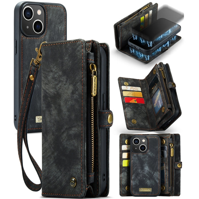 CaseMe-008 Estuche de cuero con tapa horizontal multifuncional desmontable con ranura para tarjeta y soporte y billetera con cremallera y marco de fotos