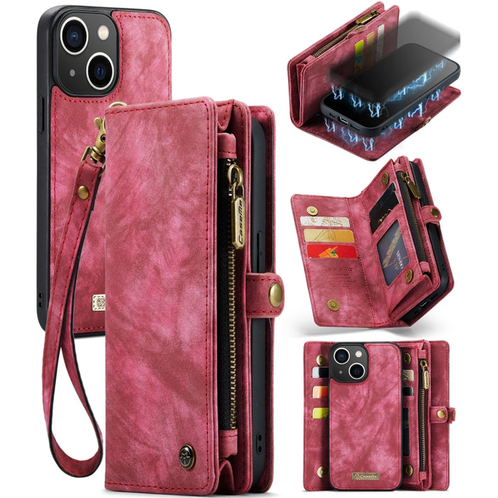 CaseMe-008 Estuche de cuero con tapa horizontal multifuncional desmontable con ranura para tarjeta y soporte y billetera con cremallera y marco de fotos