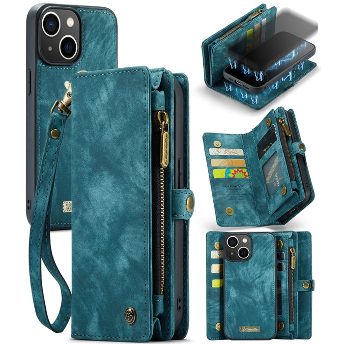 CaseMe-008 Estuche de cuero con tapa horizontal multifuncional desmontable con ranura para tarjeta y soporte y billetera con cremallera y marco de fotos
