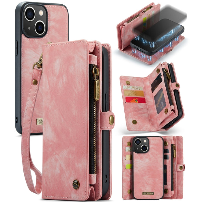 CaseMe-008 Estuche de cuero con tapa horizontal multifuncional desmontable con ranura para tarjeta y soporte y billetera con cremallera y marco de fotos