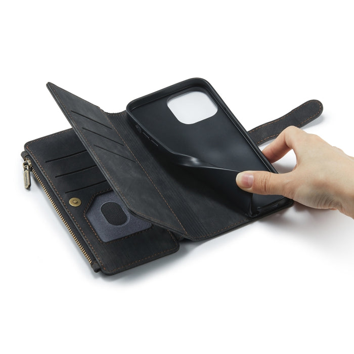 CaseMe-C30 PU + TPU Estuche de cuero con tapa horizontal multifuncional con soporte y ranura para tarjeta y billetera y bolsillo con cremallera, For iPhone 13 Pro Max, For iPhone 13 Pro, For iPhone 13, For iPhone 13 mini