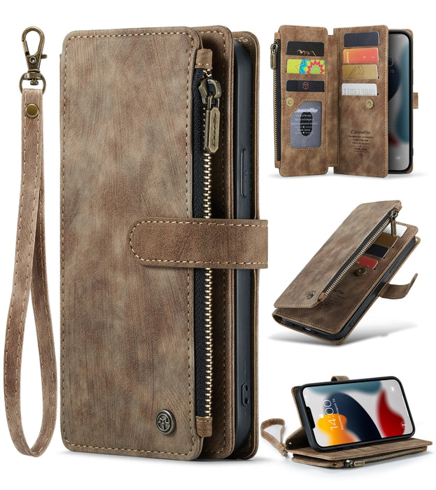 CaseMe-C30 PU + TPU Estuche de cuero con tapa horizontal multifuncional con soporte y ranura para tarjeta y billetera y bolsillo con cremallera, For iPhone 13 Pro Max, For iPhone 13 Pro, For iPhone 13, For iPhone 13 mini